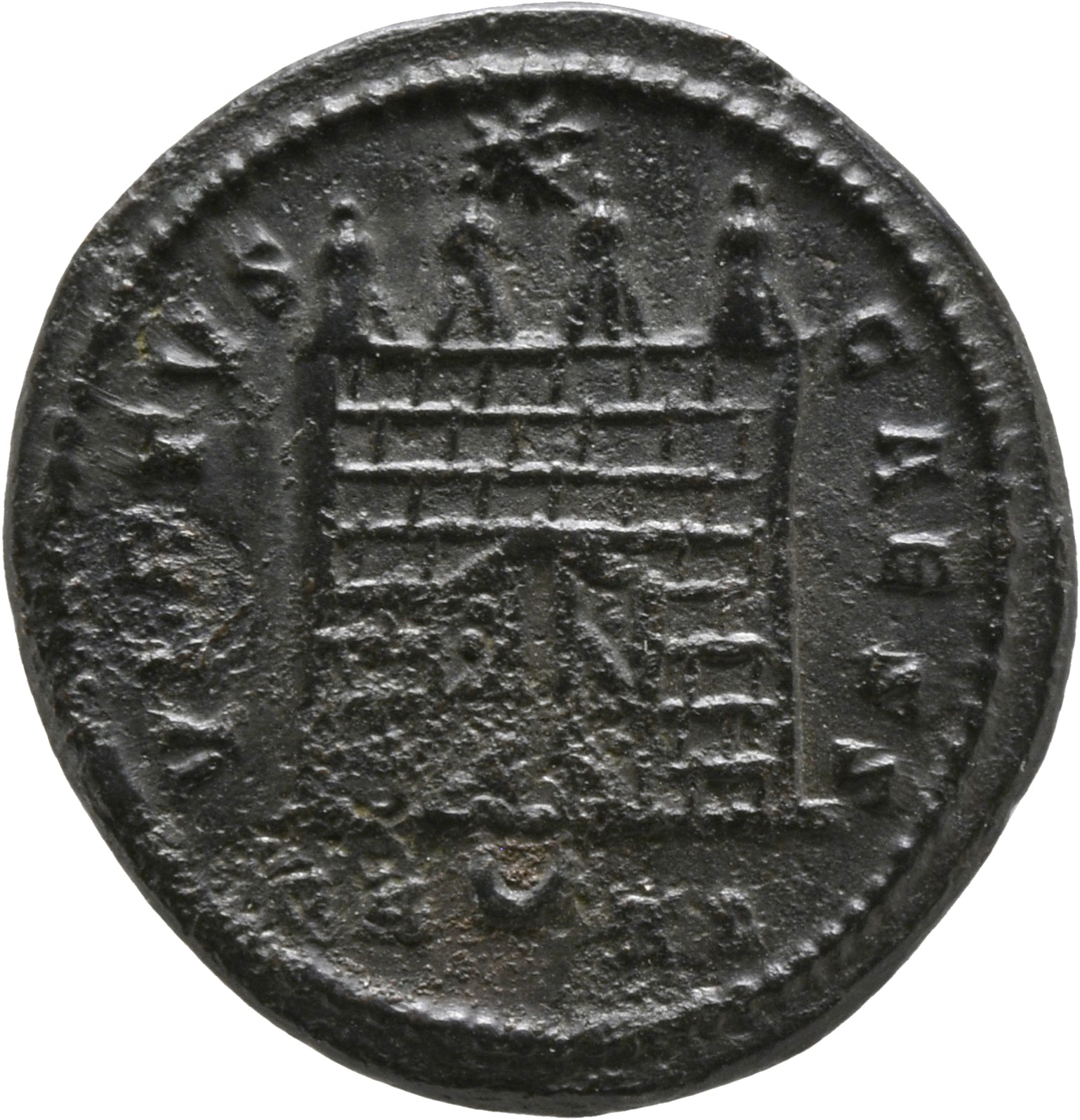 RIC VII Arelate 297 Constantine I reverse, Camp gate with four turrets, open doors, varying number of stone layers; star a...