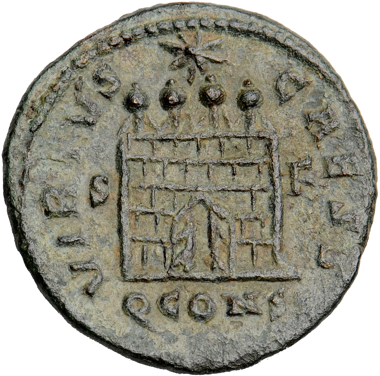 Constantine I reverse — Camp gate with two turrets, without doors, varying number of stone layers; star above