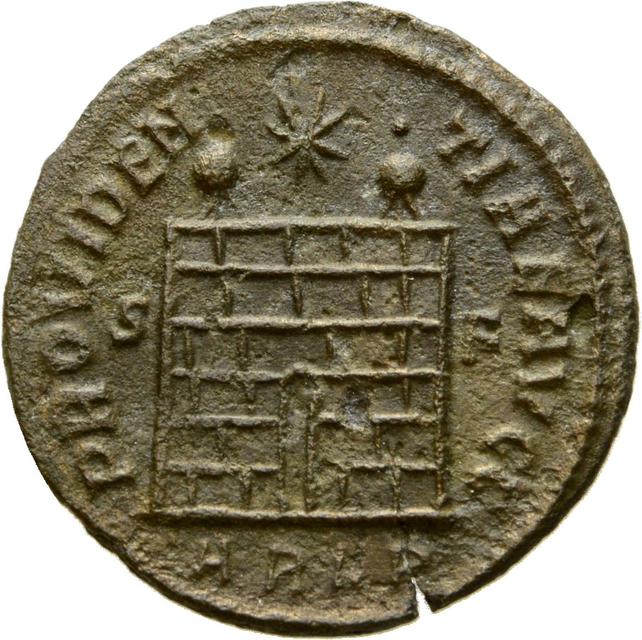 RIC VII Arelate 309 Constantine I reverse, Camp gate with two turrets, without doors, varying number of stone layers; star...