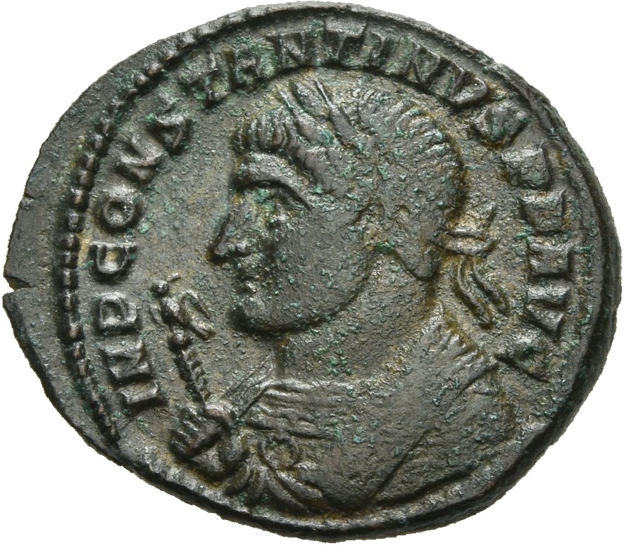 RIC VII Arelate 31 Constantine I obverse, Bust of Constantine I, laureate, wearing trabea, left, holding eagle-tipped scep...