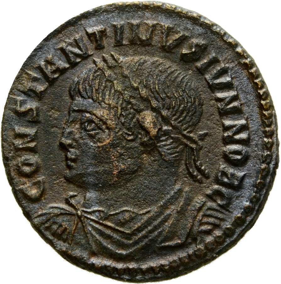 RIC VII Arelate 311 Constantine I obverse, Bust of Constantine II, laureate, draped, cuirassed, left