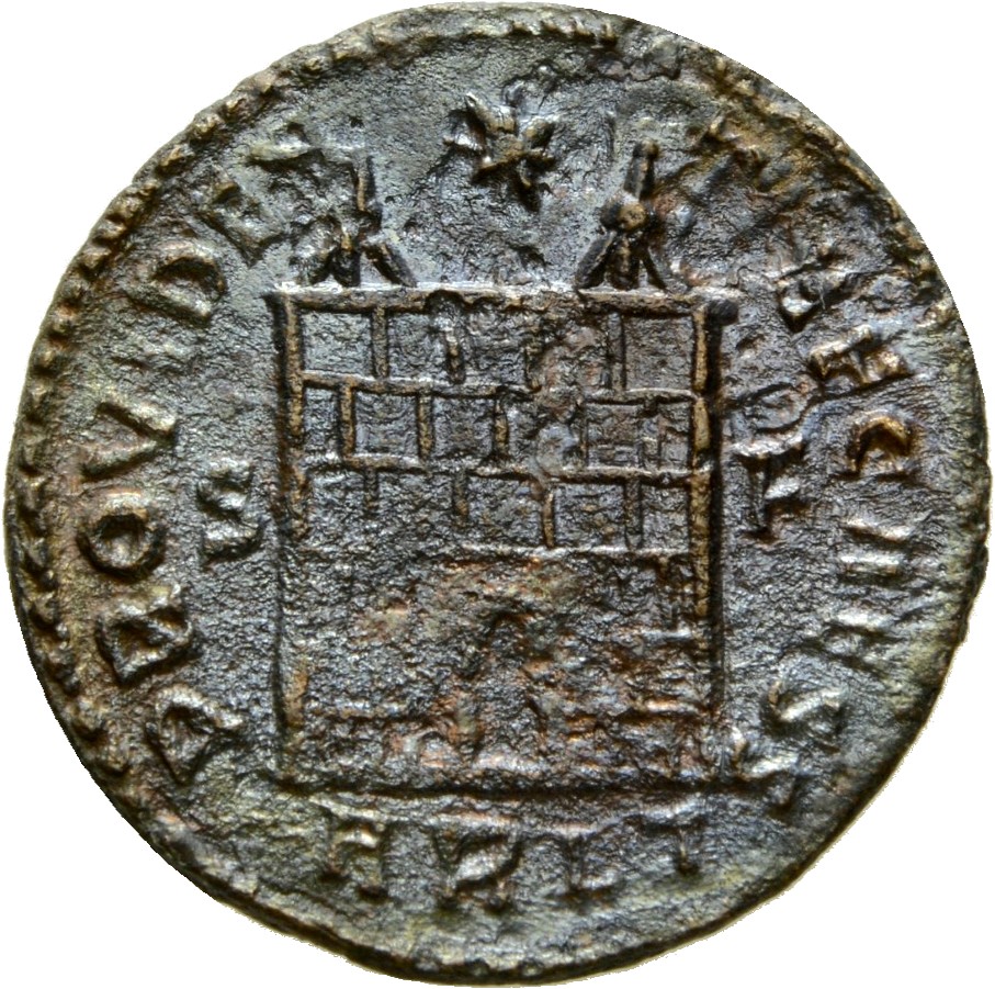 RIC VII Arelate 311 Constantine I reverse, Camp gate with two turrets, without doors, varying number of stone layers; star...