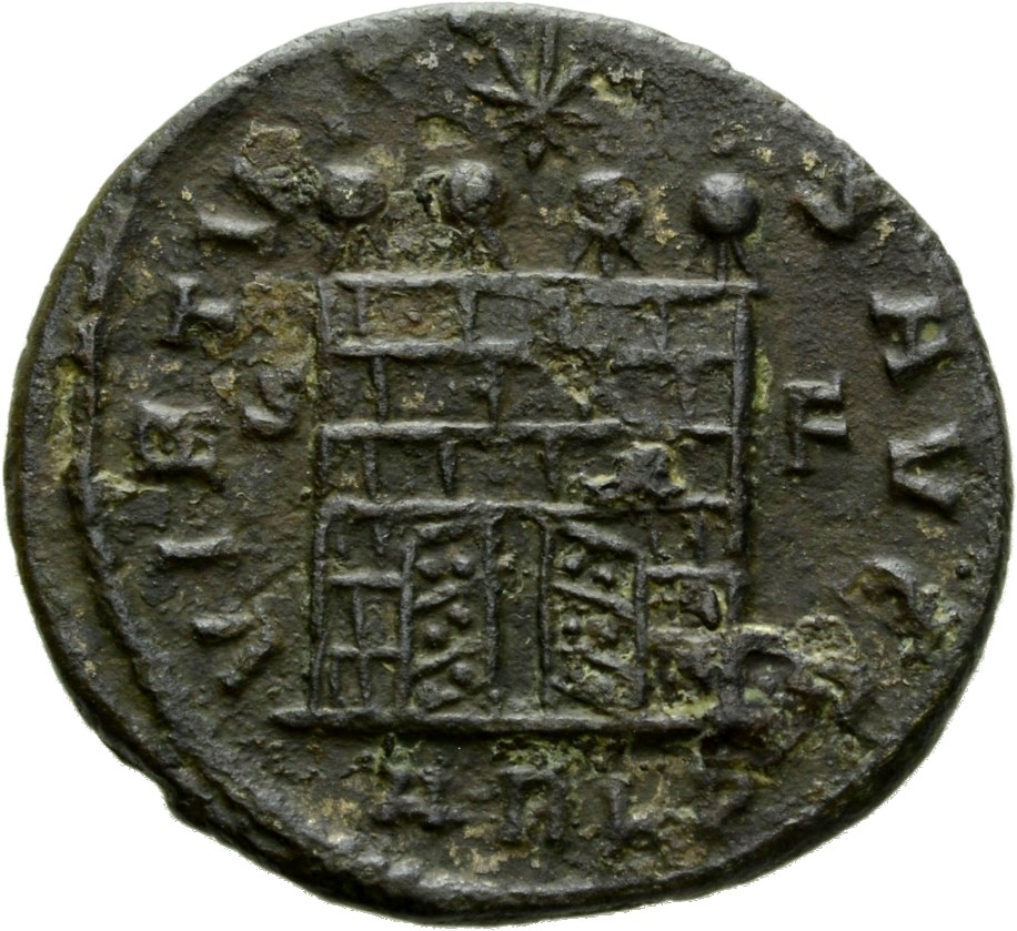 RIC VII Arelate 314 Constantine I reverse, Camp gate with four turrets, open doors, varying number of stone layers; star a...