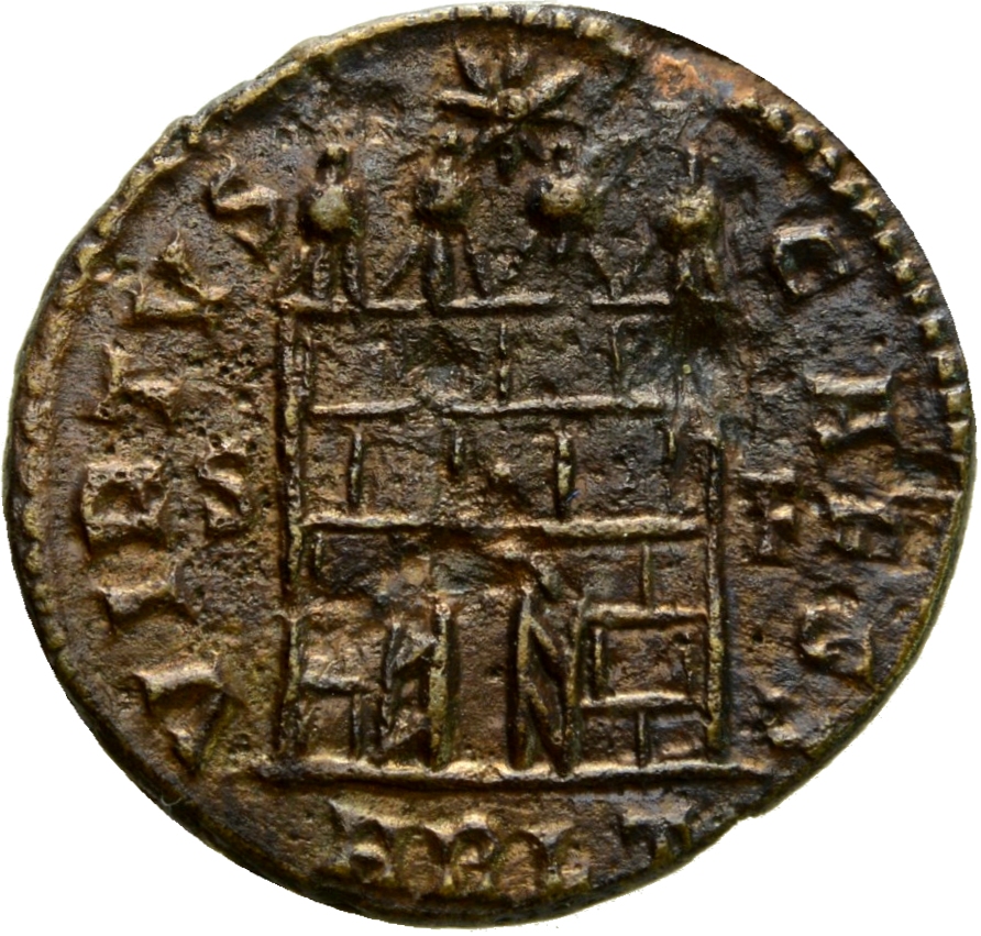 RIC VII Arelate 315 Constantine I reverse, Camp gate with four turrets, open doors, varying number of stone layers; star a...
