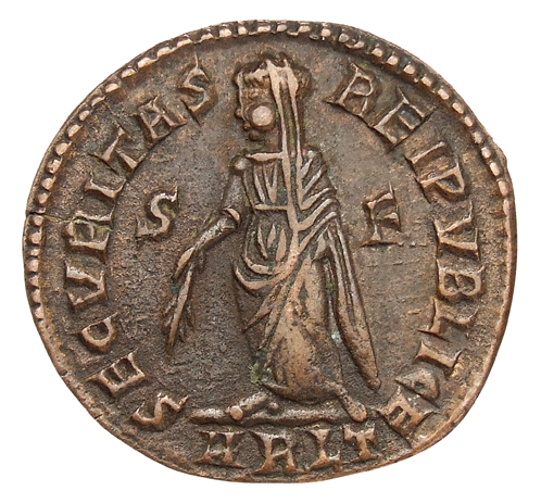 RIC VII Arelate 317 Constantine I reverse, SECURITAS, draped, standing left, lowering branch with right hand and raising r...