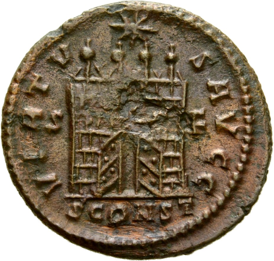 RIC VII Arelate 321 Constantine I reverse, Camp gate with four turrets, open doors, varying number of stone layers; star a...