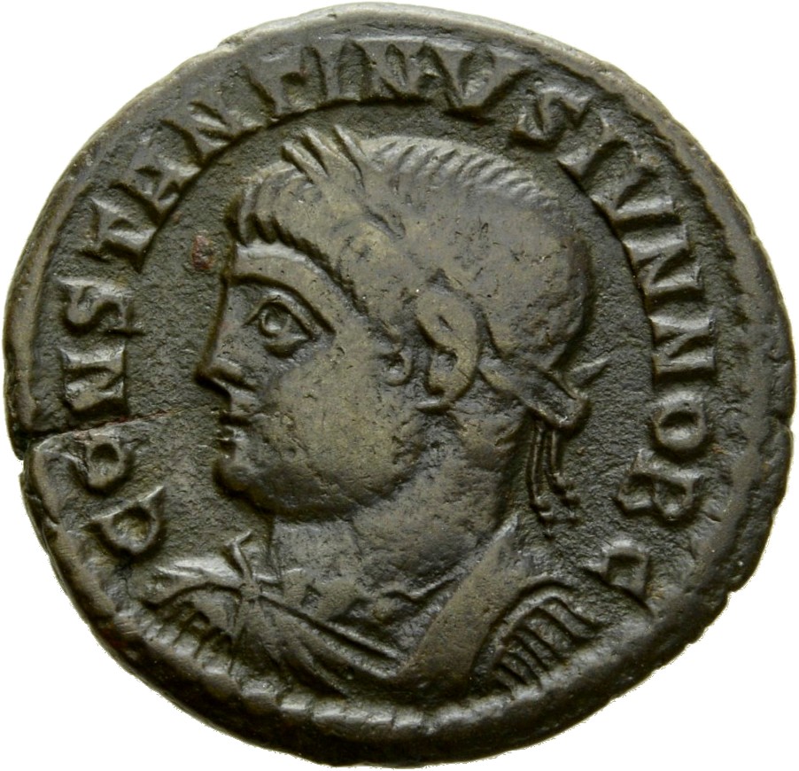 RIC VII Arelate 322 Constantine I obverse, Bust of Constantine II, laureate, draped, cuirassed, left