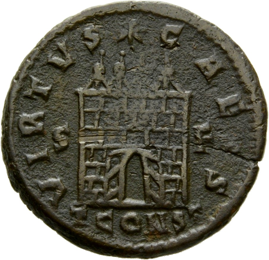 RIC VII Arelate 322 Constantine I reverse, Camp gate with four turrets, open doors, varying number of stone layers; star a...
