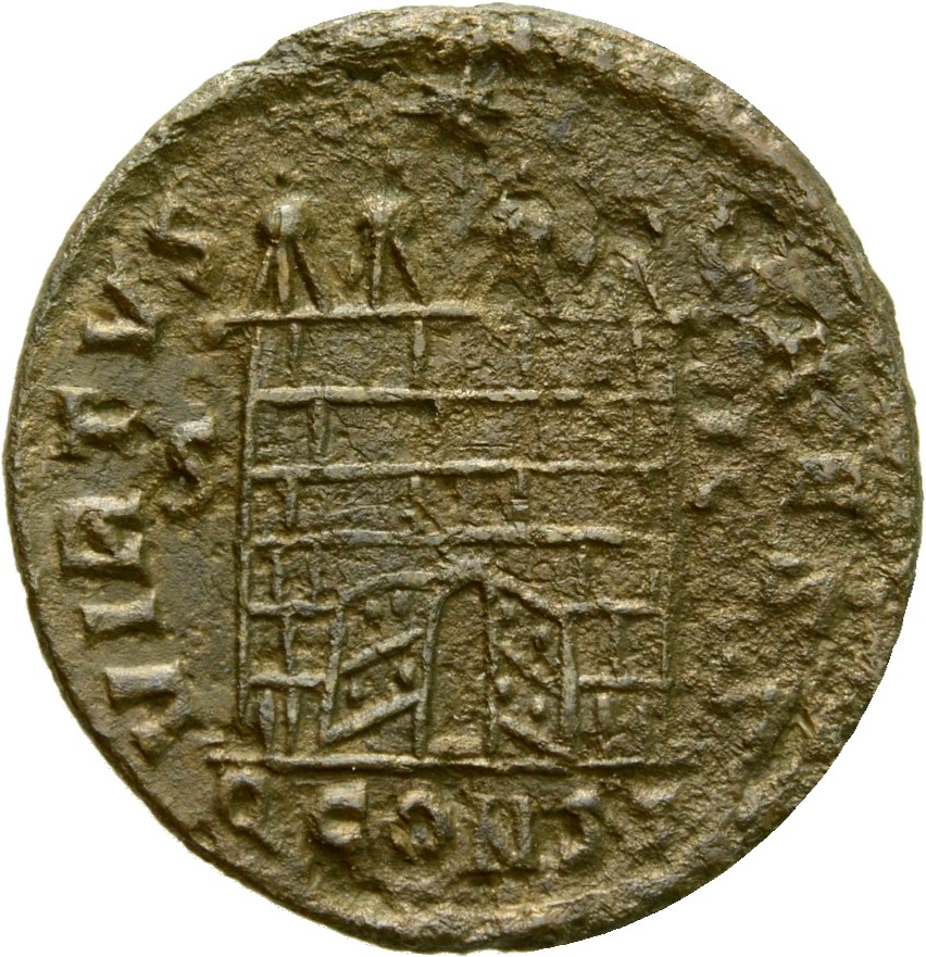 RIC VII Arelate 323 Constantine I reverse, Camp gate with four turrets, open doors, varying number of stone layers; star a...