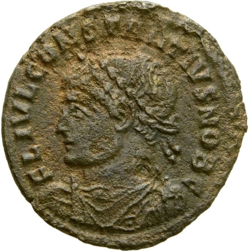 RIC VII Arelate 323 Constantine I obverse, Bust of Constantius II, laureate, draped, cuirassed, left