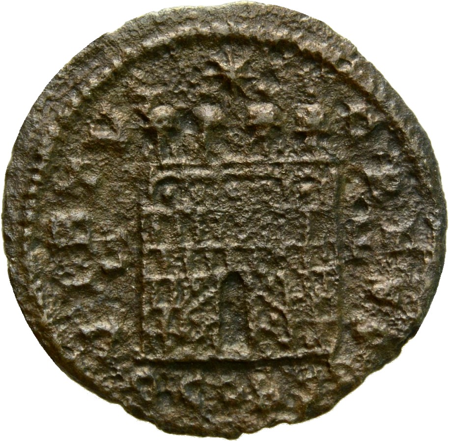 RIC VII Arelate 323 Constantine I reverse, Camp gate with four turrets, open doors, varying number of stone layers; star a...