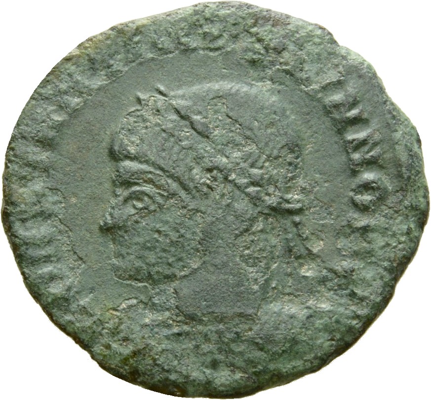 RIC VII Arelate 338 Constantine I obverse, Bust of Constantine II, laureate, cuirassed, left