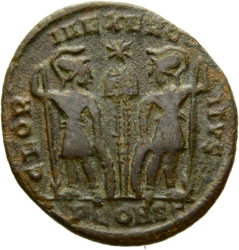 RIC VII Arelate 345 Constantine I reverse, Two soldiers, helmeted, draped, cuirassed, standing facing each other, each hol...