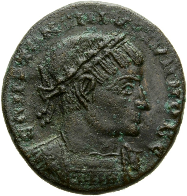 RIC VII Arelate 346 Constantine I obverse, Bust of Constantine II, laureate, cuirassed, right