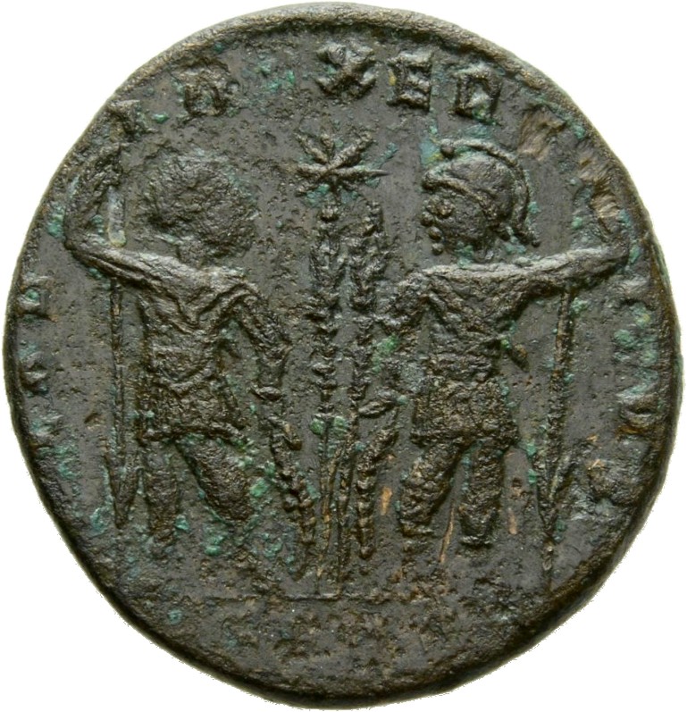 RIC VII Arelate 346 Constantine I reverse, Two soldiers, helmeted, draped, cuirassed, standing facing each other, each hol...