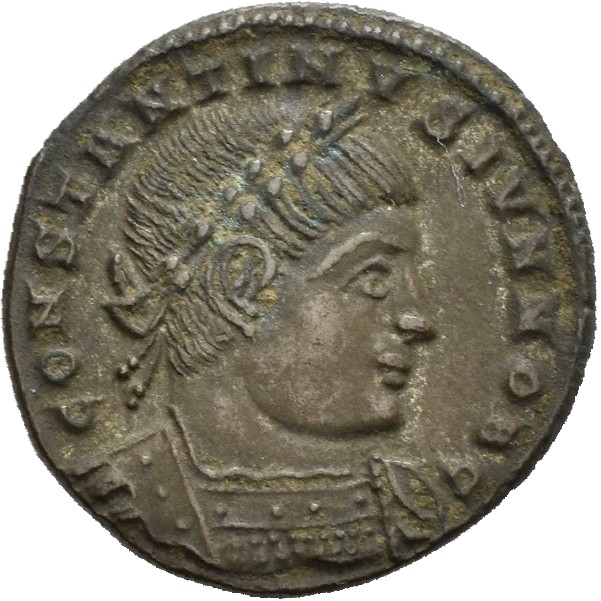 RIC VII Arelate 350 Constantine I obverse, Bust of Constantine II, laureate, cuirassed, right