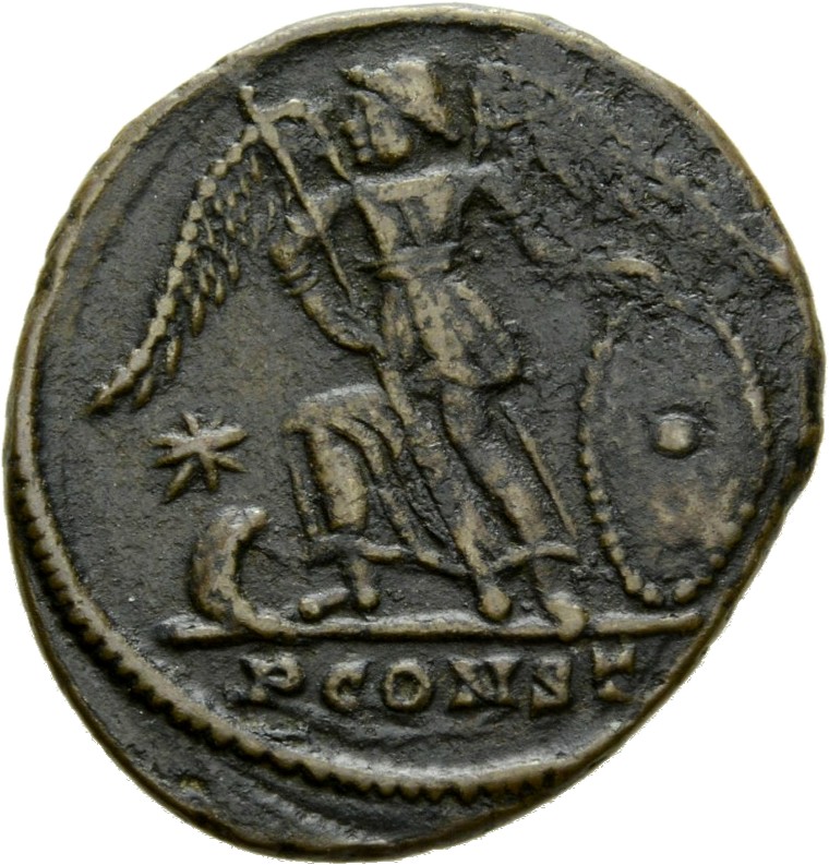RIC VII Arelate 352 Constantine I reverse, Victory, winged, draped, standing left on prow, holding long sceptre in right h...