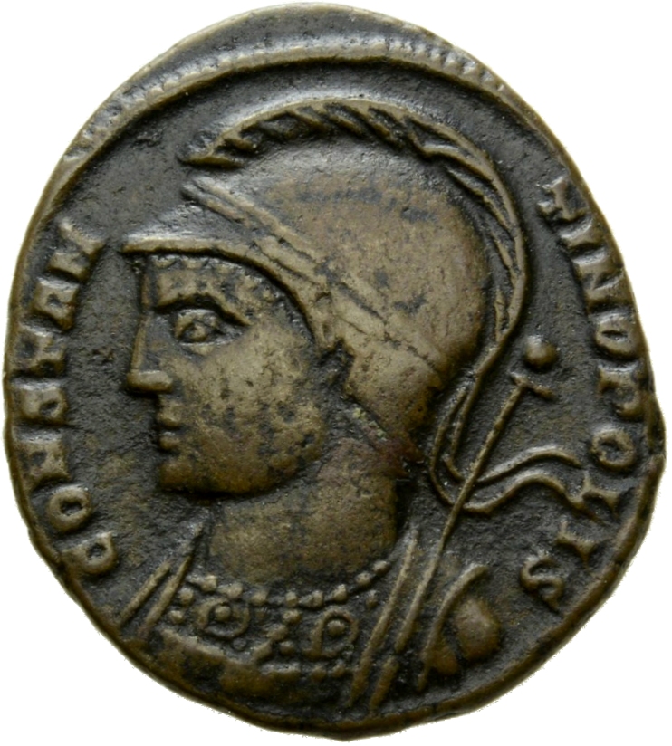 RIC VII Arelate 352 Constantine I obverse, Bust of Constantinopolis, laureate, helmeted, wearing imperial cloak, left, hol...