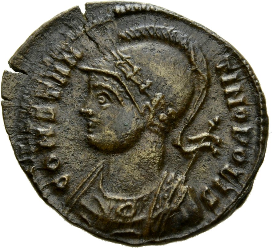 RIC VII Arelate 352 Constantine I obverse, Bust of Constantinopolis, laureate, helmeted, wearing imperial cloak, left, hol...
