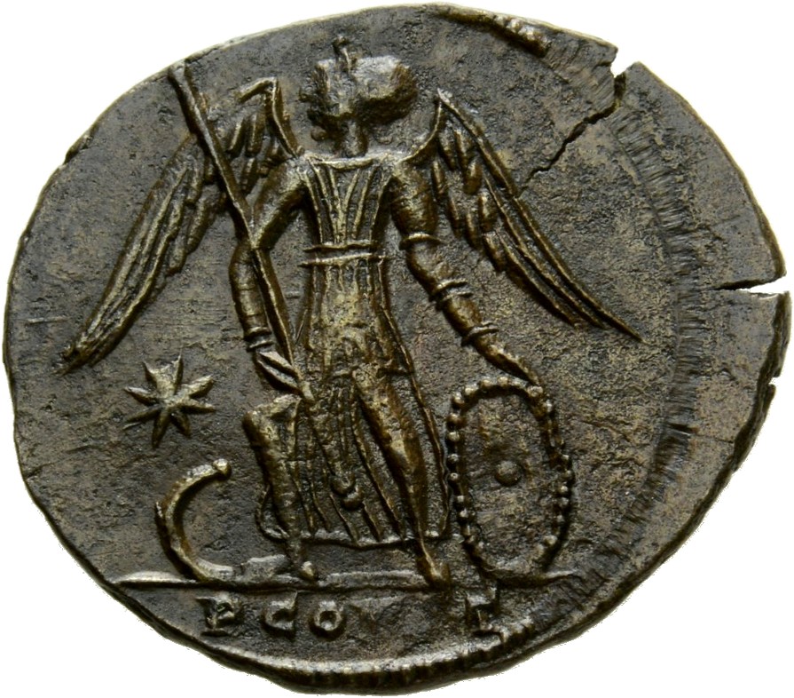 RIC VII Arelate 352 Constantine I reverse, Victory, winged, draped, standing left on prow, holding long sceptre in right h...