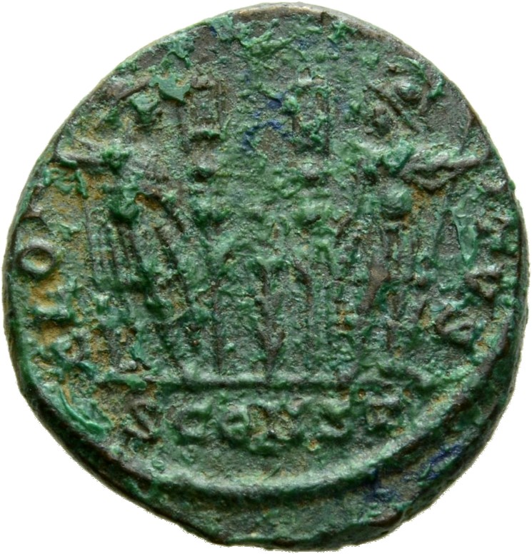 RIC VII Arelate 360 Constantine I reverse, Two soldiers, helmeted, draped, cuirassed, standing facing each other, each hol...