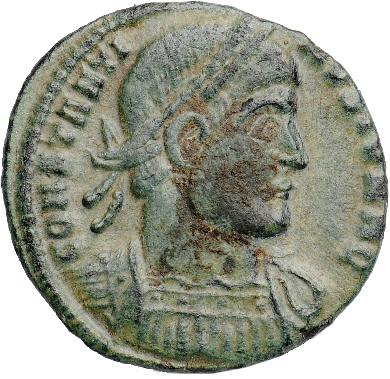 RIC VII Arelate 366 Constantine I obverse, Bust of Constantine II, laureate, cuirassed, right