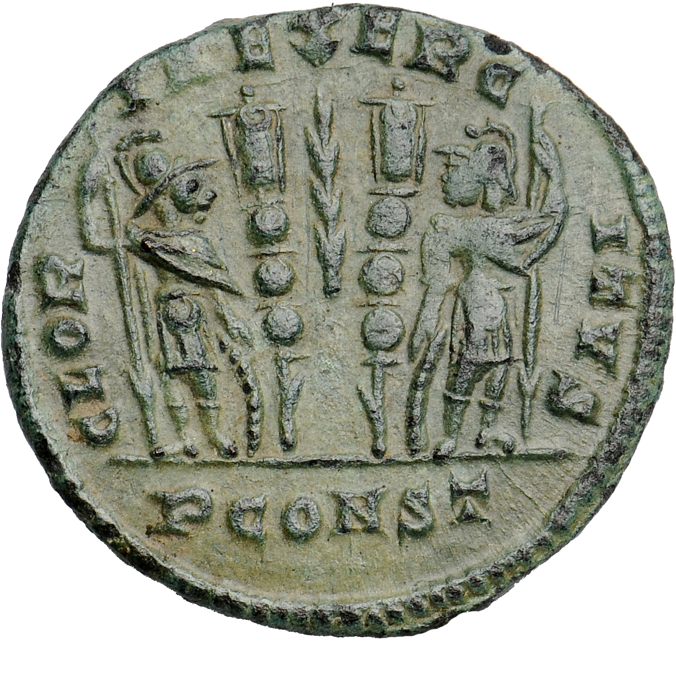 Constantine I reverse — Two soldiers, helmeted, draped, cuirassed, standing facing each other, each holding spear in outer hand and resting inner hand on shield; between them, two standards