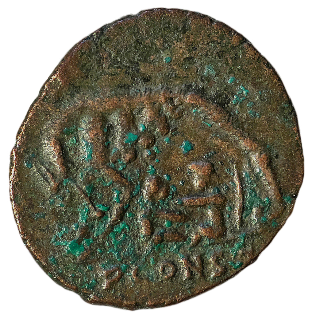 RIC VII Arelate 368 Constantine I reverse, She-wolf, standing left, suckling twins; above, two stars
