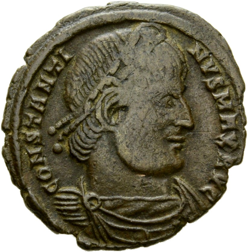 RIC VII Arelate 370 Constantine I obverse, Bust of Constantine I, rosette-diademed, draped, cuirassed, right