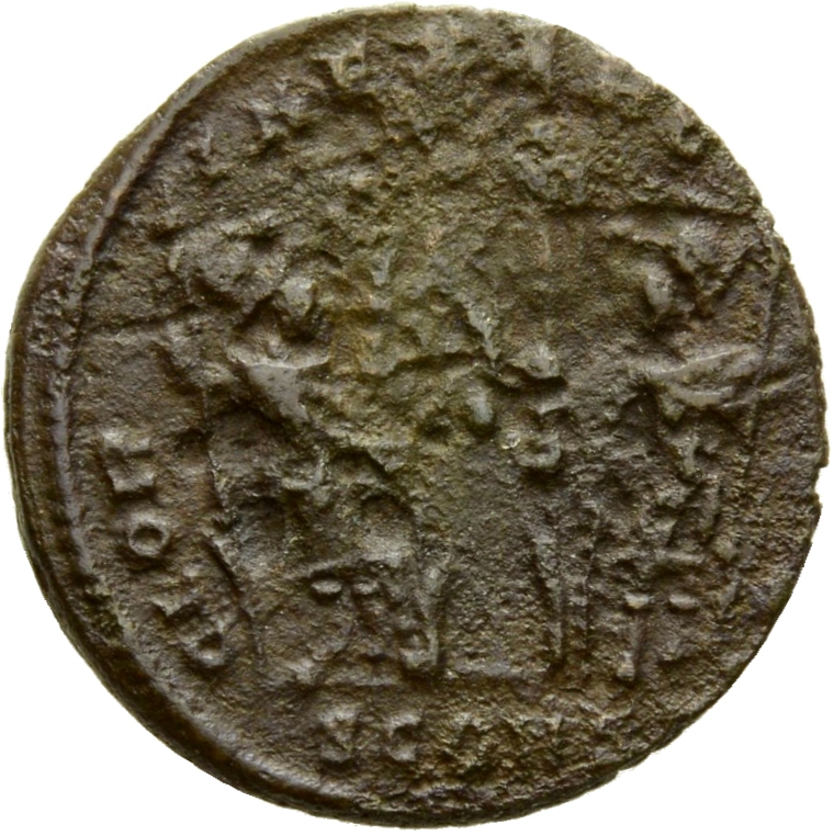 RIC VII Arelate 370 Constantine I reverse, Two soldiers, helmeted, draped, cuirassed, standing facing each other, each hol...