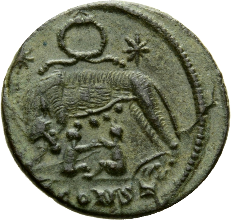 RIC VII Arelate 373 Constantine I reverse, She-wolf, standing left, suckling twins; above, two stars