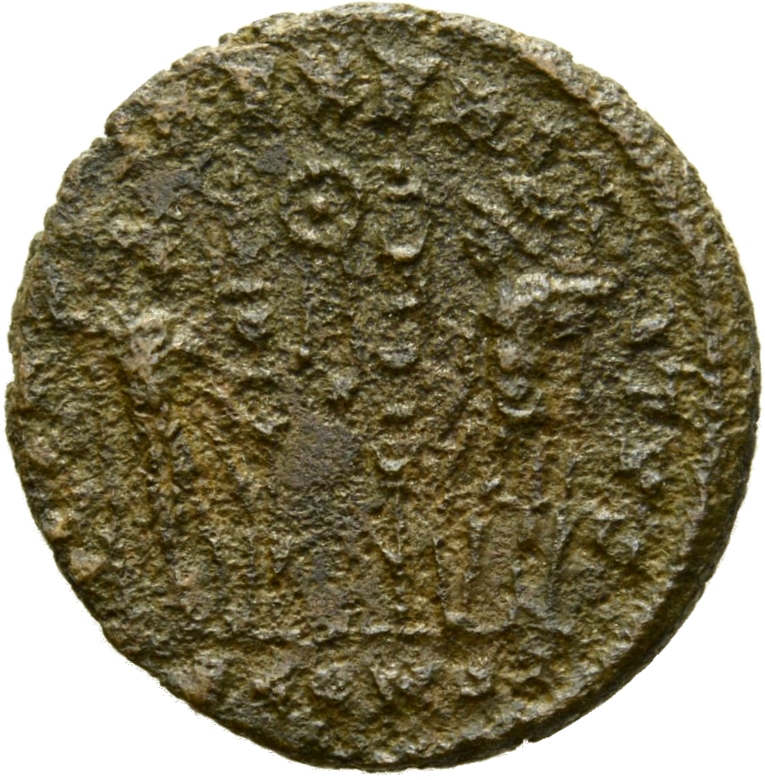 RIC VII Arelate 376 Constantine I reverse, Two soldiers, helmeted, draped, cuirassed, standing facing each other, each hol...