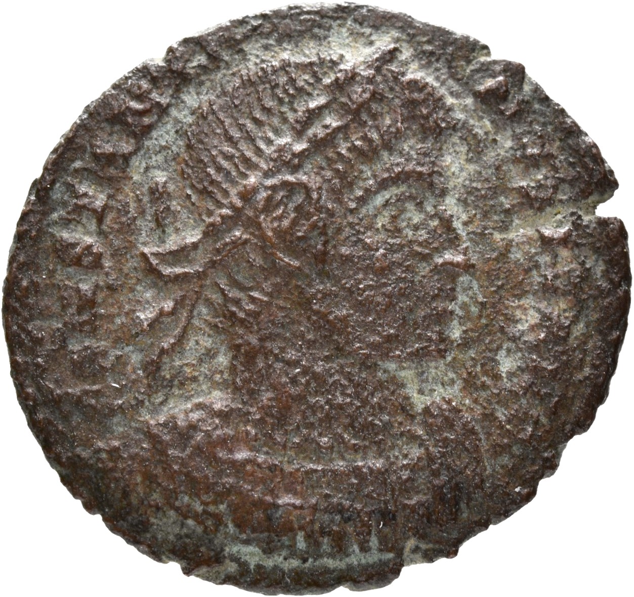RIC VII Arelate 376 Constantine I obverse, Bust of Constantine II, laureate, cuirassed, right