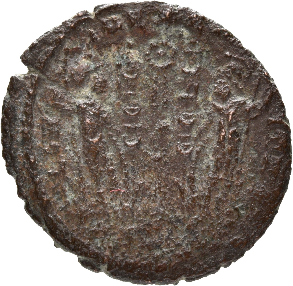 RIC VII Arelate 376 Constantine I reverse, Two soldiers, helmeted, draped, cuirassed, standing facing each other, each hol...