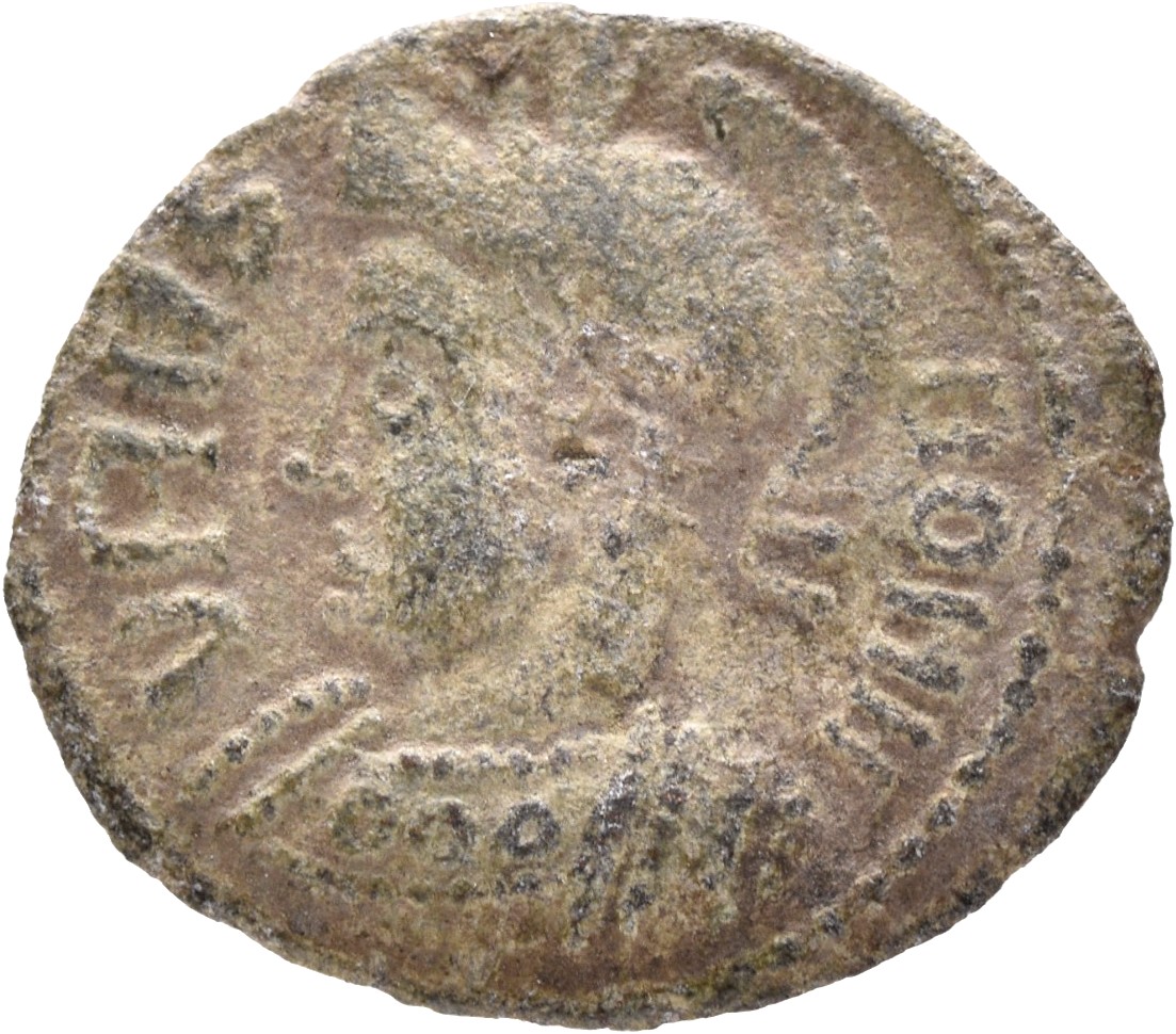 RIC VII Arelate 379 Constantine I obverse, Bust of Roma, helmeted, wearing imperial cloak, left