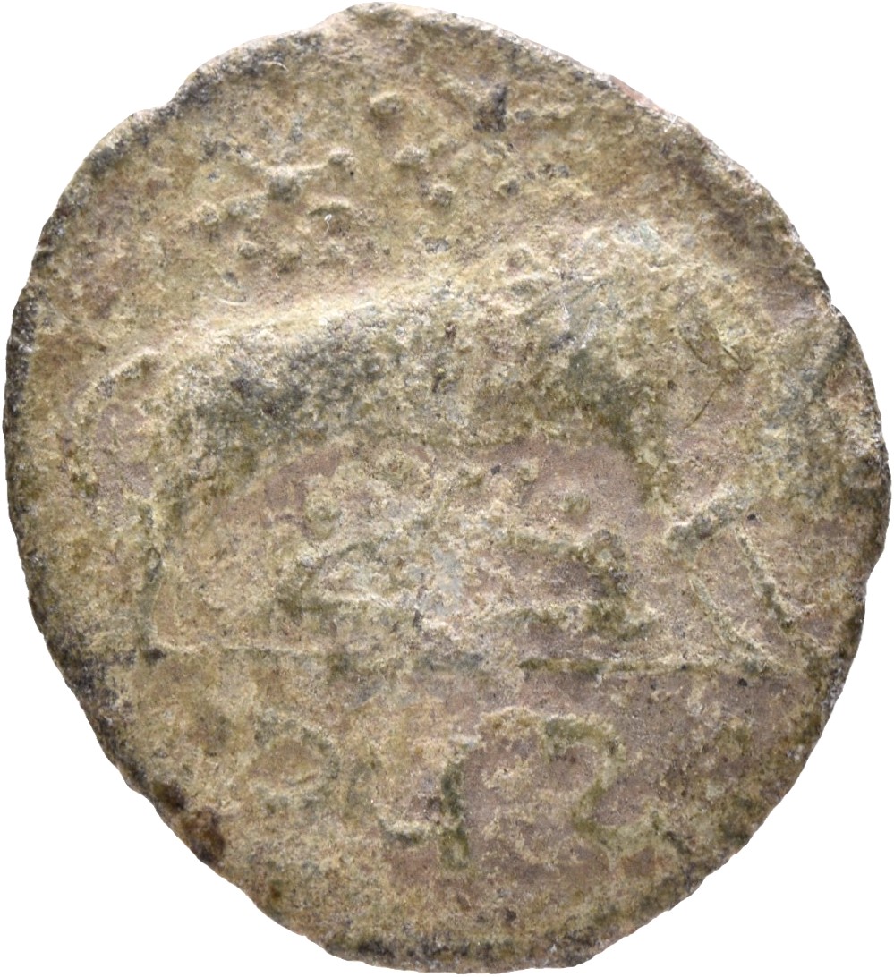 RIC VII Arelate 379 Constantine I reverse, She-wolf, standing left, suckling twins; above, two stars