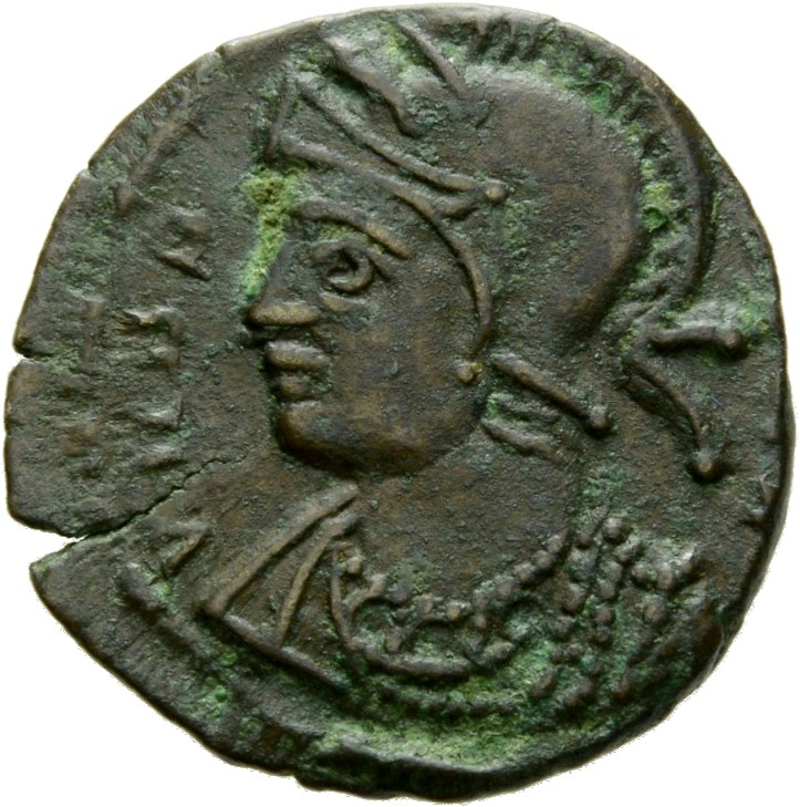 RIC VII Arelate 385 Constantine I obverse, Bust of Roma, helmeted, wearing imperial cloak, left