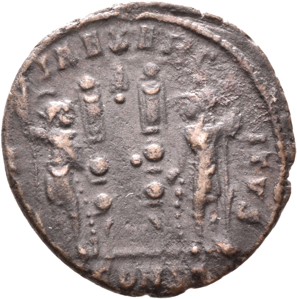 RIC VII Arelate 390 Constantine I reverse, Two soldiers, helmeted, draped, cuirassed, standing facing each other, each hol...
