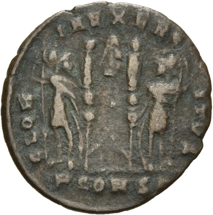 RIC VII Arelate 391 Constantine I reverse, Two soldiers, helmeted, draped, cuirassed, standing facing each other, each hol...