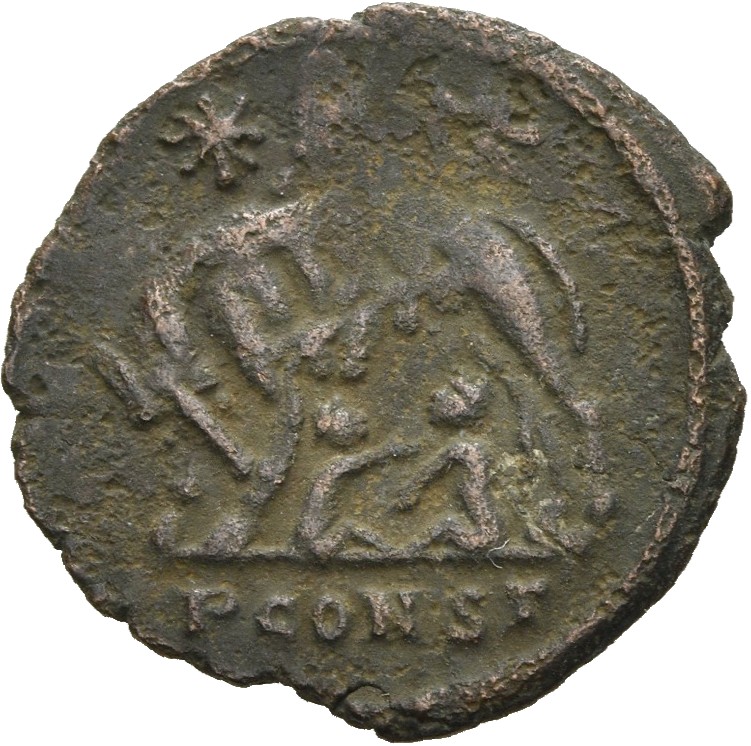 RIC VII Arelate 392 Constantine I reverse, She-wolf, standing left, suckling twins; above, two stars
