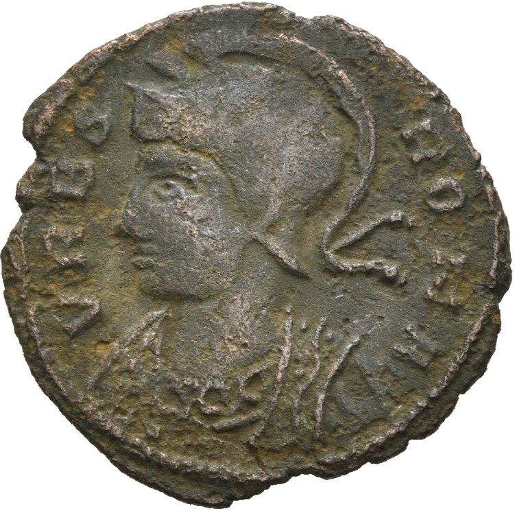 RIC VII Arelate 392 Constantine I obverse, Bust of Roma, helmeted, wearing imperial cloak, left