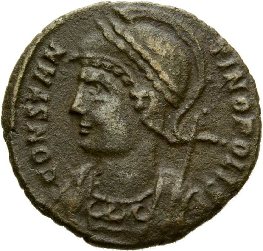 Constantine I obverse — Bust of Constantinopolis, laureate, helmeted, wearing imperial cloak, left, holding reversed spear in right hand
