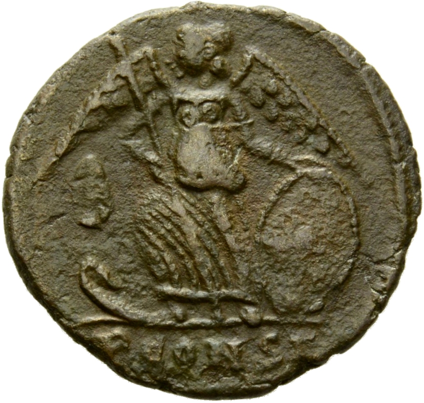 Constantine I reverse — Victory, winged, draped, standing left on prow, holding long sceptre in right hand and resting left hand on shield