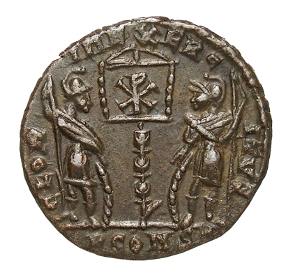 RIC VII Arelate 394 Constantine I reverse, Two soldiers, helmeted, draped, cuirassed, standing facing each other, each hol...
