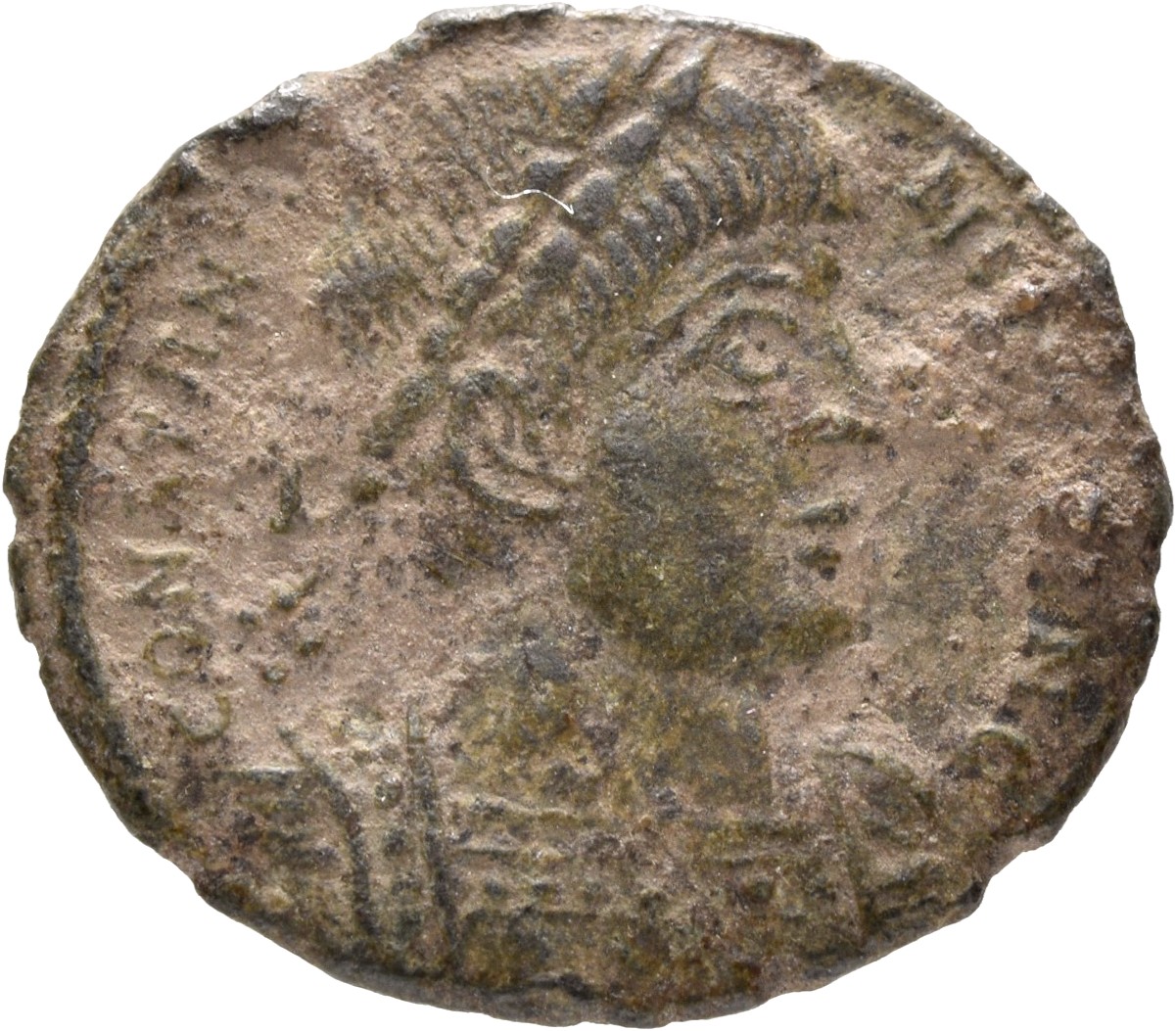 RIC VII Arelate 395 Constantine I obverse, Bust of Constantine II, laureate, cuirassed, right
