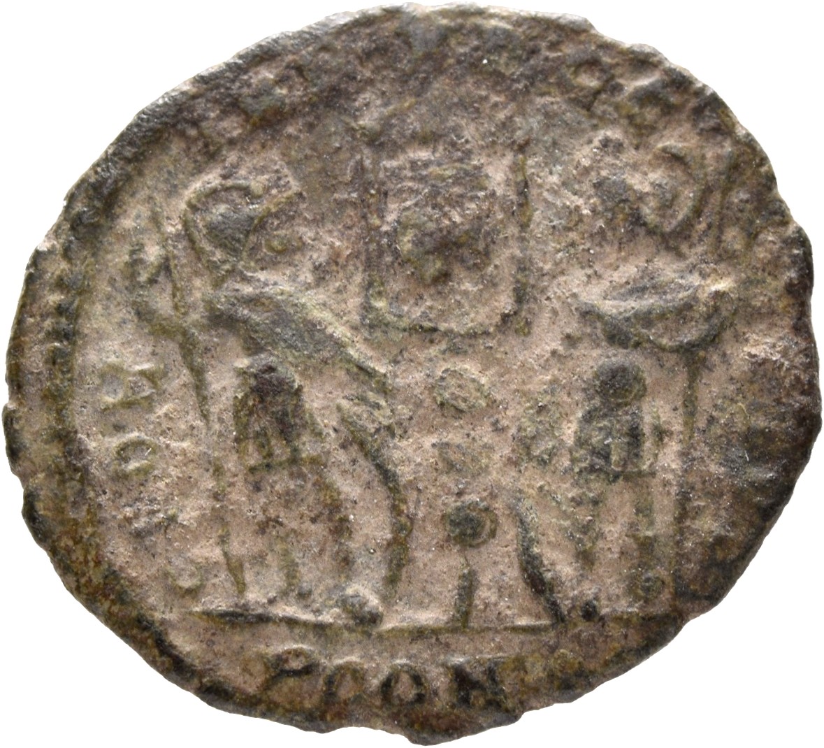 RIC VII Arelate 395 Constantine I reverse, Two soldiers, helmeted, draped, cuirassed, standing facing each other, each hol...