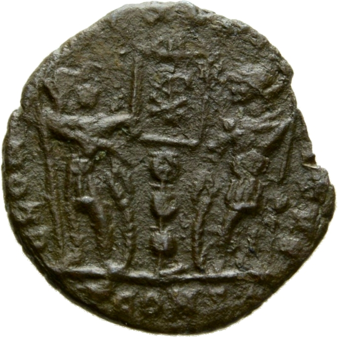 RIC VII Arelate 396 Constantine I reverse, Two soldiers, helmeted, draped, cuirassed, standing facing each other, each hol...