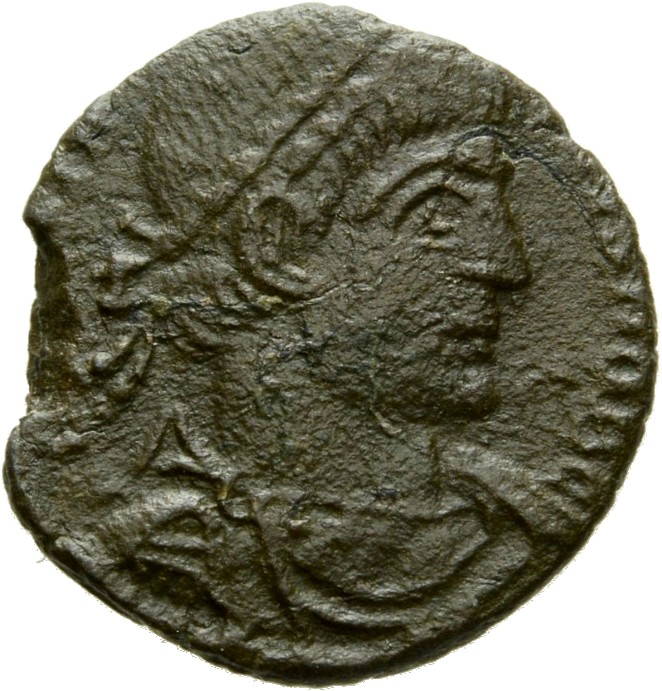 RIC VII Arelate 396 Constantine I obverse, Bust of Constantius II, laureate, draped, cuirassed, right