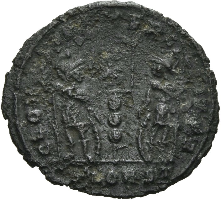 RIC VII Arelate 399 Constantine I reverse, Two soldiers, helmeted, draped, cuirassed, standing facing each other, each hol...