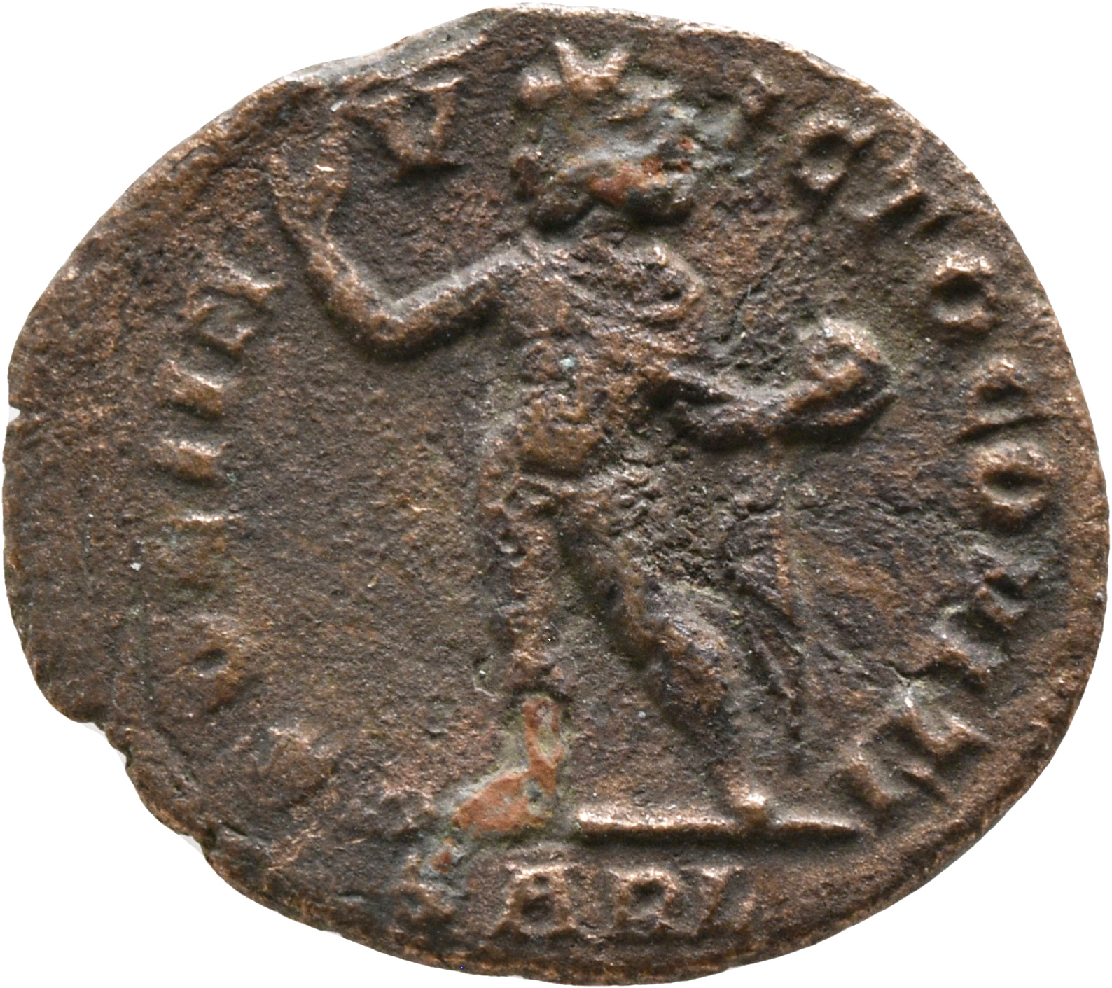 RIC VII Arelate 40 Constantine I reverse, Sol, radiate, chlamys draped across left shoulder, standing left, raising right ...